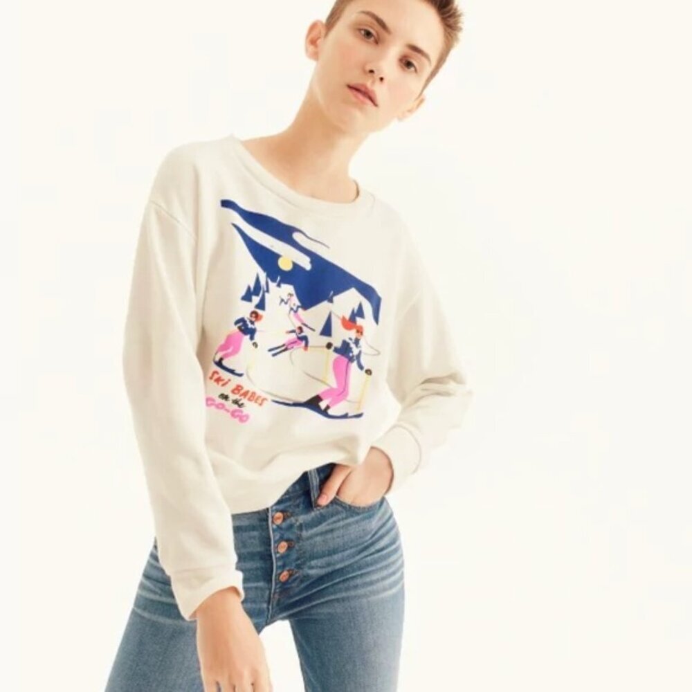 J. Crew White Graphic Print Ski Babes Sweatshirt